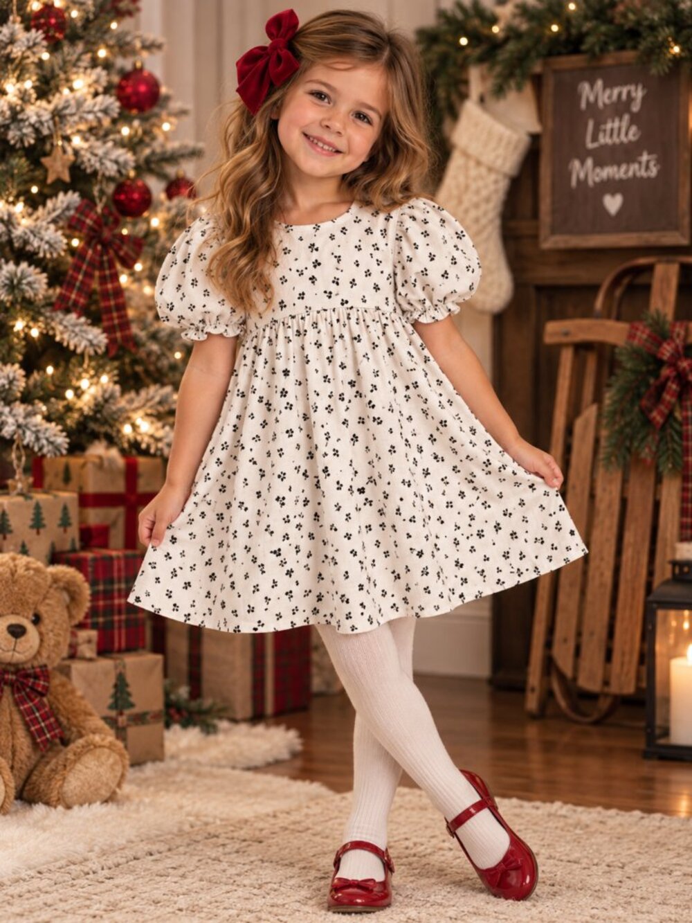 Cotton On Kids Girls Size 6 Floral Puff Sleeve Dress White Black Cotton Linen